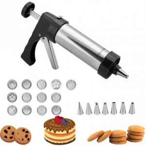 Aparat pistol pentru biscuiti si ornare patiserie, 21 accesorii Quttin. Dispozitiv pentru biscuiti, fursecuri cu discuri si duiuri de ornare de inox. Aparat tip pistol, pentru biscuiti si ornare patiserie, 21 accesorii, inox, Quttin,Aparat pistol biscuiti