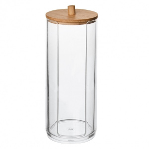 Cutie dischete demachiante, cu capac lemn de bambus, 17,5 x 7 cm,  happymax.ro, organizator dischete demachiante, organizator discuri demachiante, organizator cosmetice, recipient dischete demachiante pentru baie