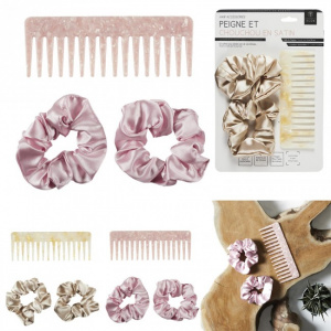 Set 3 pieptan si 2 elastice de par, din satin, crem, Happymax,,elastic pentru par, accesorii par, Set 2 Elastice pentru par din 100% matase elastica, set eleastice par largi