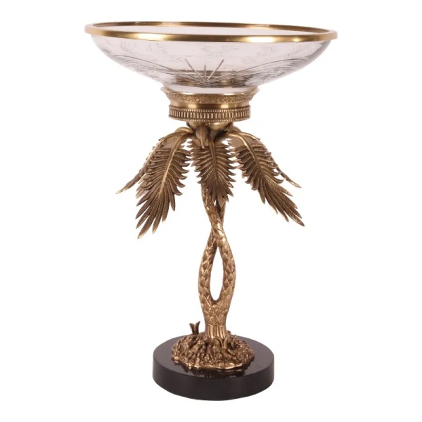 Bol decorativ din sticlă și alamă, auriu, pe picior în formă de palmier, cu soclu negru, 54 x 35 cm, „Médicis”