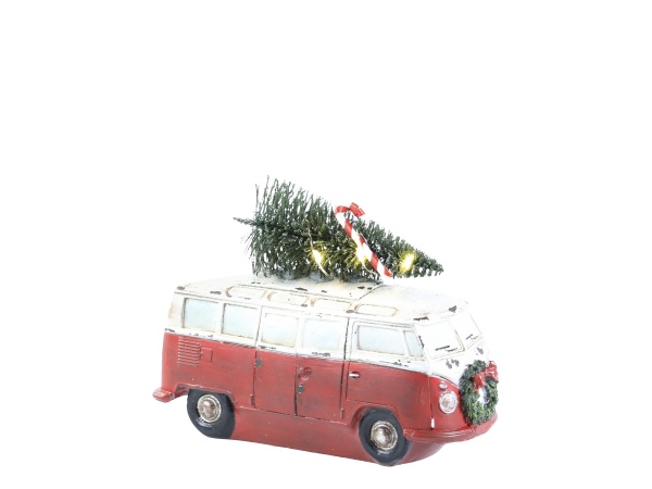 Decorațiune vintage autobuz cu brad și lumini LED, din polirasina, pictat manual, H12 cm