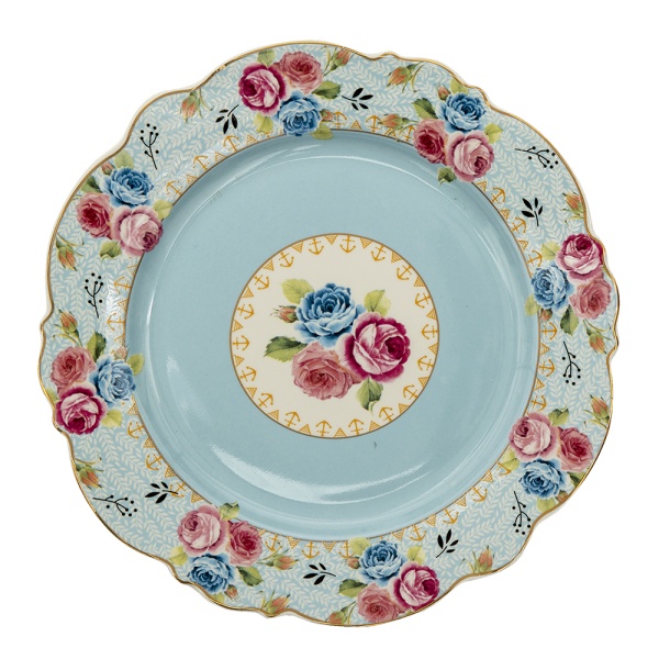 Farfurie albastra, din ceramica, cu motive florale, Ø20 cm