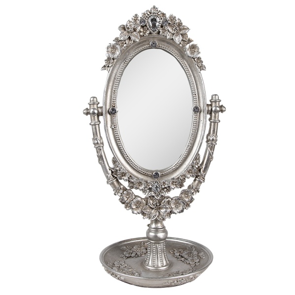 Oglinda de masa, argintie, cu aspect vintage, 17x13x30 cm, Silver