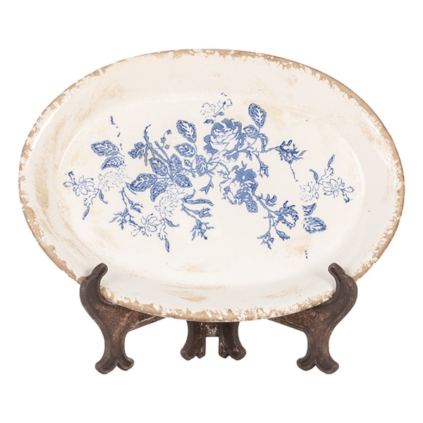 Farfurie charger, din ceramica, motive florale, 25x18x3 cm, Blue