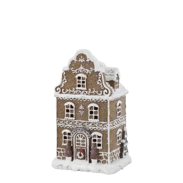 Căsuță de turtă dulce din rășină, pictată manual, cu LED – „Noël Gingerbread House”