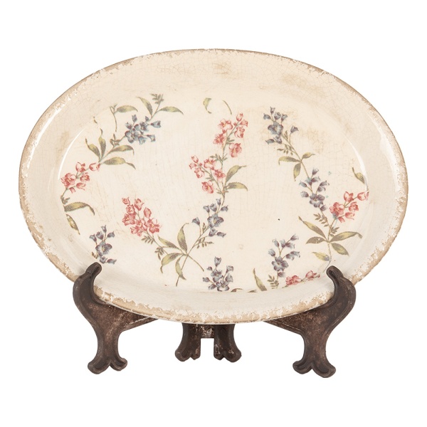 Farfurie charger, din ceramica, motive florale, 25x18x3 cm, Pink