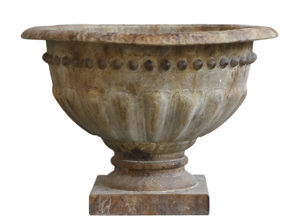 Jardinieră vintage pe picior, din metal cu finisaj antichizat, H35.5/D46.5 cm