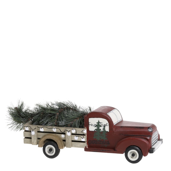 Decorațiune vintage camionetă cu brad de Crăciun, din lemn și metal, pictat manual, H16 cm