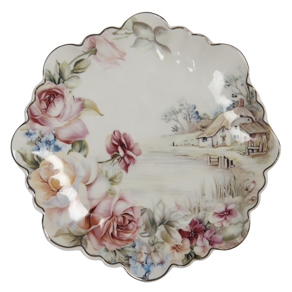 Farfurie alba, din portelan, cu motive florale, Ø19 cm