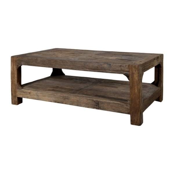Măsuță de cafea dreptunghiulară din lemn reciclat, natur, cu raft, picioare masive și aspect rustic, finisaj mat, „Grimaud”