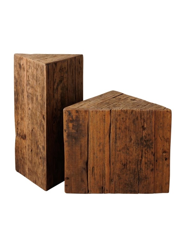 Set 2 masute laterale din lemn reciclat, cu aspect rustic, Triangle