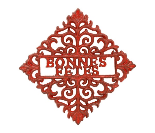 Suport din fontă roșu pentru vase fierbinți „Bonnes Fêtes” – model de Crăciun, 18 x 18 cm