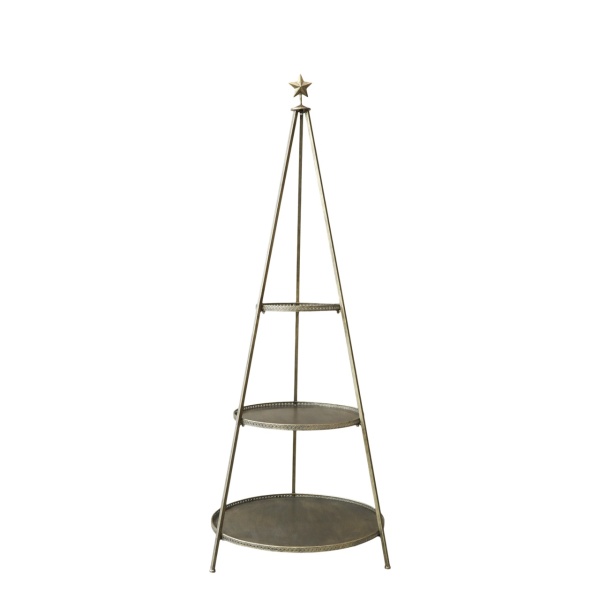 Etajeră metalică în formă de brad cu 3 tăvi, finisaj alamă antichizată, H165,5/D64 cm