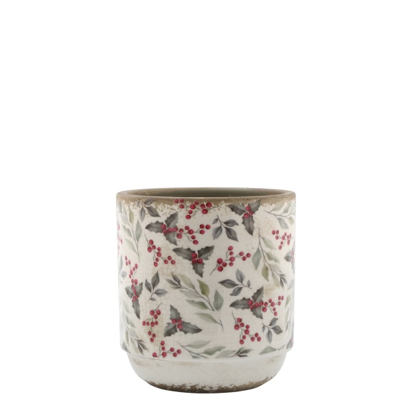 Ghiveci din ceramică cu frunze și fructe de pădure, aspect vintage, H13.5/D13 cm