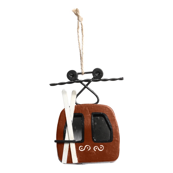 Ornament pentru brad din metal roșu antichizat, pictat manual, H7 cm, „Vintage Ski Lift”