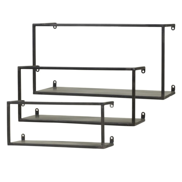 Set de 3 etajere metalice de perete, negru, cu aspect rustic