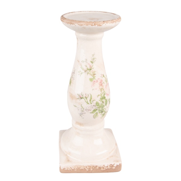 Suport lumanare, bej, din ceramica, aspect vintage, H30 cm, Flowers