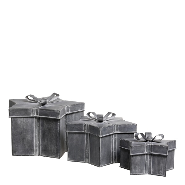 Set 3 cutii cadou din metal cu fundă, finisaj zinc antichizat, "Vintage Christmas"