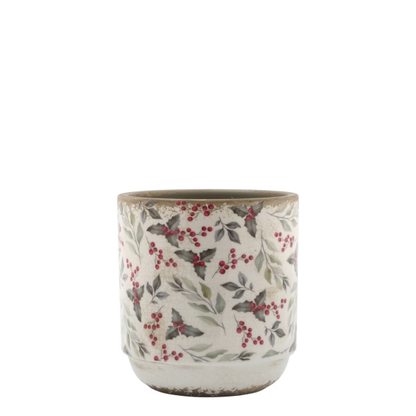 Ghiveci din ceramică cu frunze și fructe de pădure, aspect vintage, H10/D10 cm