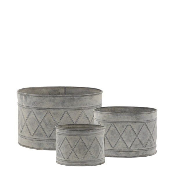 Set 3 ghivece decorative vintage din metal, finisaj zinc antichizat