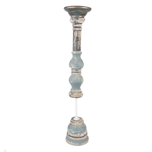 Suport lumanare, albastru, din lemn, aspect vintage, H59 cm