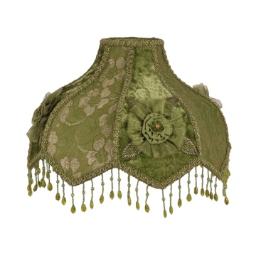 Abajur victorian din catifea, verde, în formă de cupolă, cu margine festonată, rozetă și franjuri cu mărgele, 21 x 33 cm, „Feston”