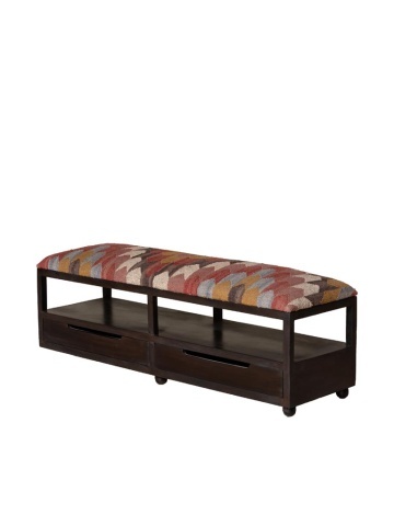 Banchetă din lemn de acacia, cu 2 sertare, tapițată cu iută și lână, multicolor, 40×138×40,5 cm, „Tikana"