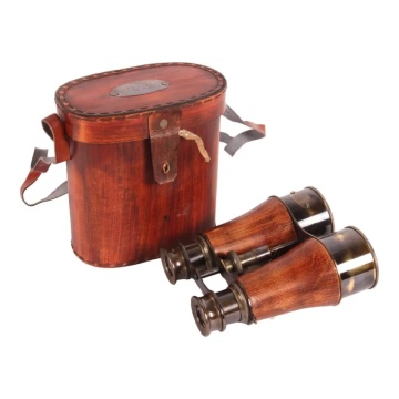 Binoclu marin decorativ din alamă și piele, maro, cu toc din piele, aspect vintage, finisaj antichizat, 14 x 14 x 8 cm, „Capitaine”