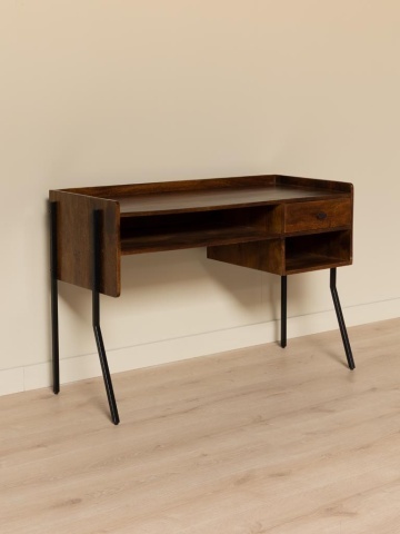 Birou vintage din lemn de mango și metal, cu blat maro antichizat, 1 sertar și picioare din metal negru, finisaj satinat, 117.5×50×80.5 cm, „Flow" - Img 3