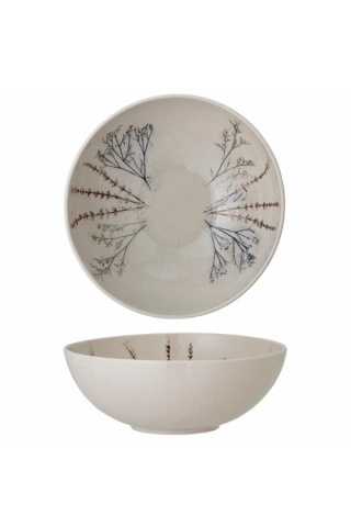 Bol de servire din ceramică, natur, cu ilustrații botanice pictate manual, 30.5x11 cm, „Bea"