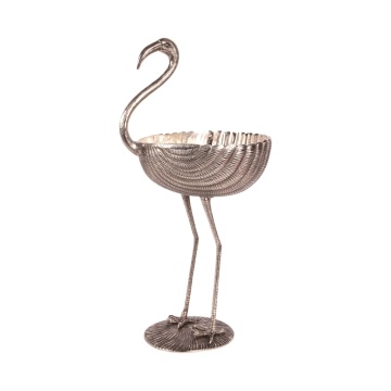 Bol decorativ din aluminiu reciclat, argintiu, fructieră înaltă în formă de flamingo, statuetă decorativă pe picior, finisaj lucios, 76 x 38 x 28 cm, „Flamant”