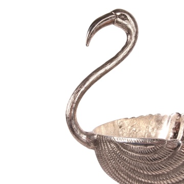 Bol decorativ din aluminiu reciclat, argintiu, fructieră înaltă în formă de flamingo, pe picior, finisaj lucios, 76 x 38 x 28 cm, „Flamant” - Img 3