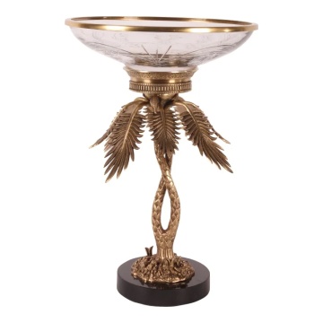 Bol decorativ din sticlă și alamă, auriu, pe picior în formă de palmier, cu soclu negru, 54 x 35 cm, „Médicis”