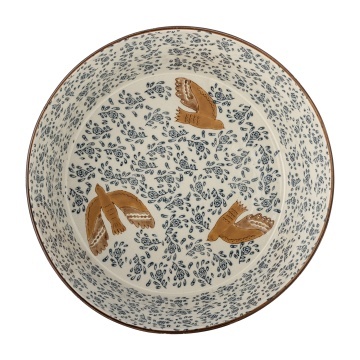 Bol mare din ceramică stoneware pictat manual cu păsări și motive florale, D28xH9 cm, 3350 ml, „Hezha" - Img 4