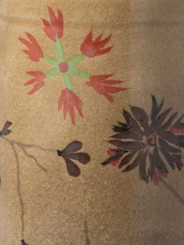 Borcan din ceramică artizanală natur cu capac, motive florale și păsări pictate manual, maro și roșu, 22 × 12 cm, „Campana" - Img 2