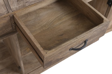 Bufet cu vitrină din lemn de mango, maro, cu 3 uși vitrate înclinate, 3 sertare, 2 uși și nișă deschisă, aspect rustic, 106 x 124 x 45 cm, „Aubenas” - Img 8