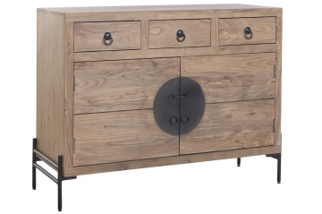 Bufet living în stil etnic din lemn de acacia, natur, cu 2 uși, 3 sertare și placă rotundă din metal negru, 92 x 118 x 40 cm, „Orissa” - Img 3