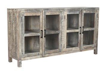 Bufet rustic din lemn reciclat, natur, cu 4 uși vitrate și mânere din metal negru, 90 x 170 x 40 cm, „Valmira” - Img 2