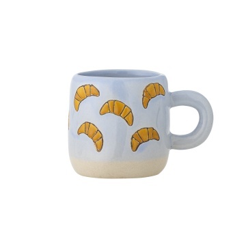 Cană din ceramică artizanală, albastru marin, pictată manual cu croissante, 6x7 cm, 110 ml, „Millie"