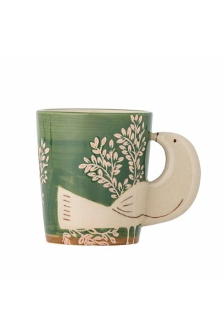 Cană din ceramică verde cu decor floral roz pictat manual, mâner în formă de cap de pasăre, 8x9 cm, "Hezha"