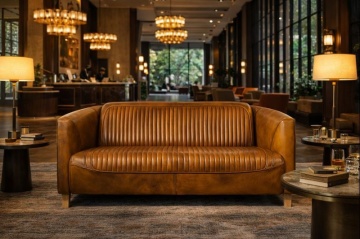 Canapea 2 locuri din piele naturală, cognac, aspect vintage, Pilot, 125 x 86 x 68 cm - Img 2