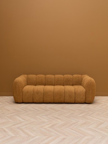 Canapea 3 locuri din catifea muștar, cu textură în relief, picioare din lemn masiv, aspect retro, 69×220×102 cm, „Biskit" - Img 2