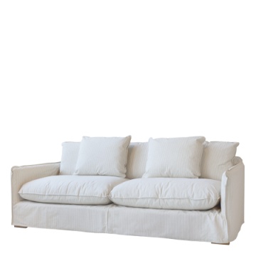 Canapea 3 locuri din in crem cu dungi latte, umplutură din pene de rață și 5 perne decorative, „Malo”