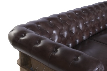 Canapea Chesterfield 2 locuri din piele naturală maro închis, cu cadru din lemn de mango și iută la vedere, pe roți, 80 x 190 x 77 cm, „Cassis” - Img 8