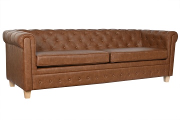 Canapea Chesterfield 3 locuri din piele ecologică maro, cu nasturi pe bază și picioare din lemn masiv, 70 x 218 x 78 cm, „Provence” - Img 6