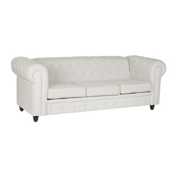 Canapea Chesterfield 3 locuri din stofă crem, cu capitonaj cu nasturi și picioare strunjite negre, 76 x 209 x 84 cm, „Mayfield”