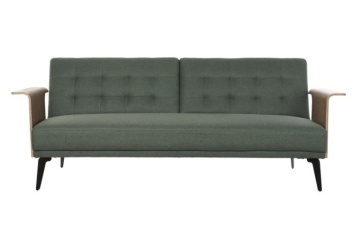 Canapea extensibilă 3 locuri din stofă verde, cu brațe din lemn de eucalipt și picioare din metal, aspect retro, 81 x 204 x 87 cm, „Futuro Green”