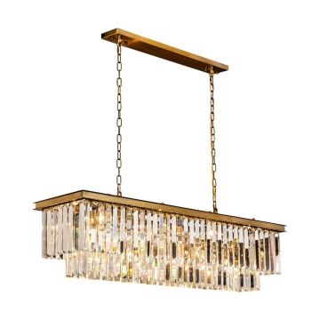 Candelabru dreptunghiular din metal, auriu, cu cristale din sticlă pe două niveluri și lanț reglabil, finisaj satinat, 40 x 125 x 36 cm, „Hilton”
