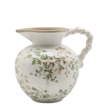 Carafă din ceramică albă antichizată, pictată manual, cu decor floral-vegetal, 18,5x20,5 cm, „Grasse"