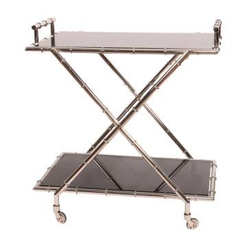 Cărucior de servire din oțel și sticlă, argintiu, cu două rafturi din sticlă, pe roți, cu picioare încrucișate, finisaj patinat, 88 x 82 x 56 cm, „Belle Époque”